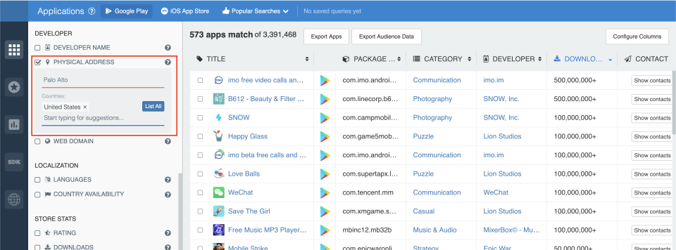 Filter by developer address — app analytics, app insights.